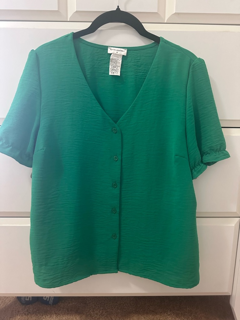 Petite Sophisticate Emerald Green V-Neck Button Blouse